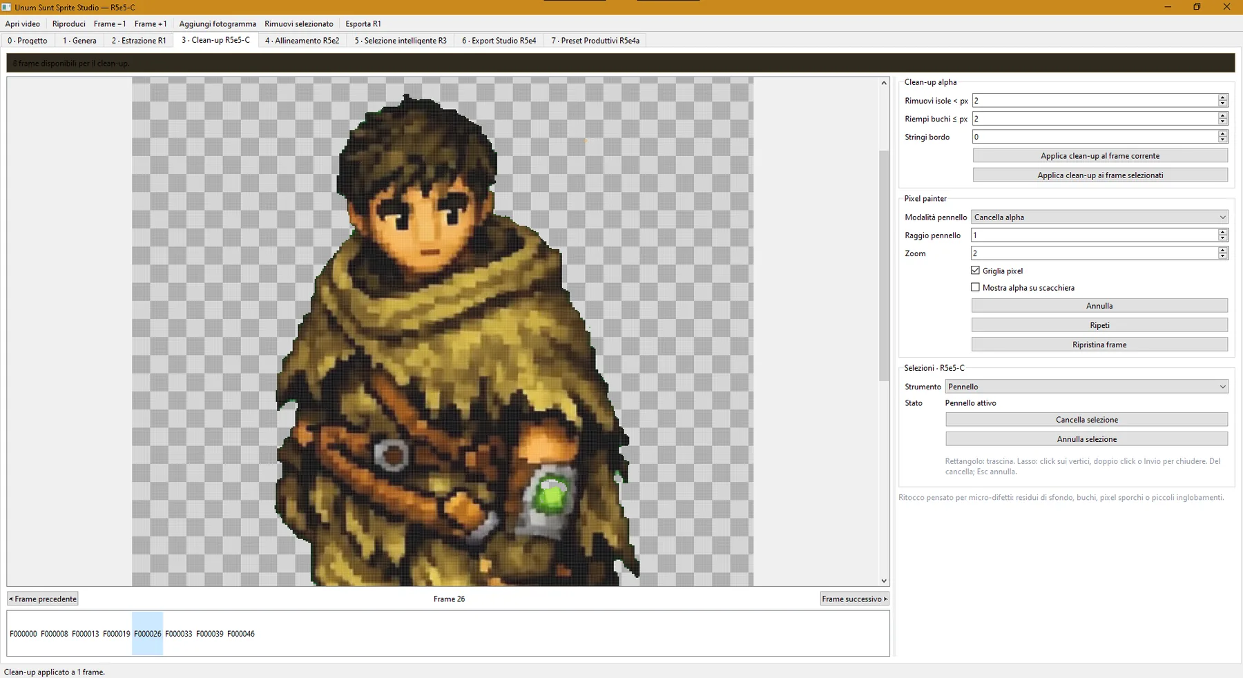 Unum Sunt Sprite Studio Clean-up workspace with a pixel-art character on transparency and precision editing controls.