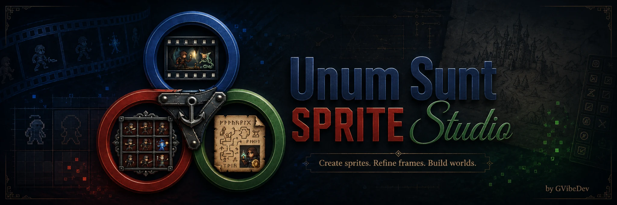 Unum Sunt Sprite Studio splash banner with the three-ring brand mark, sprite imagery and the line Create sprites. Refine frames. Build worlds.