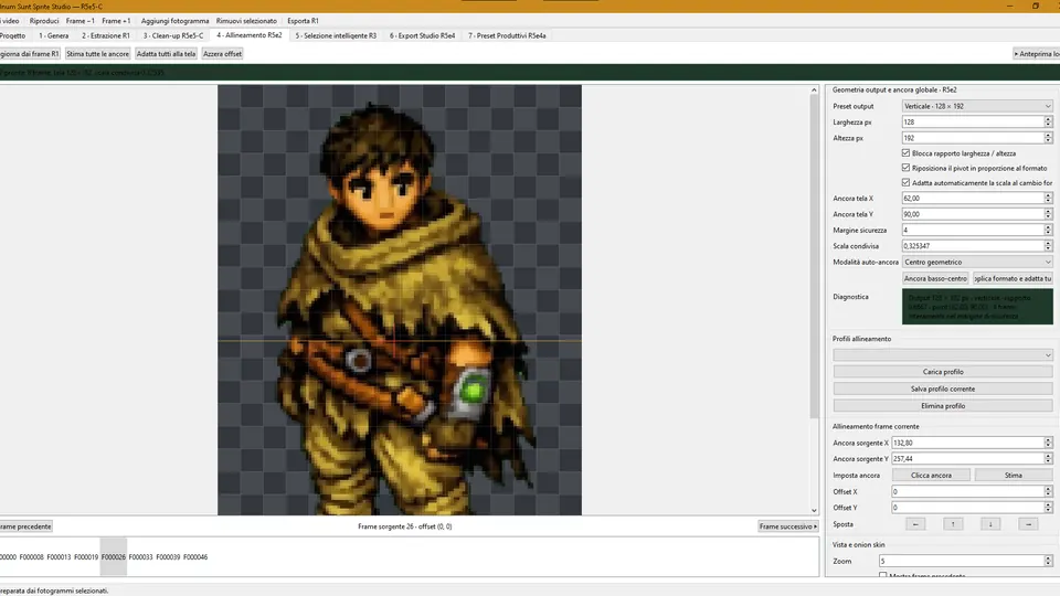 Sprite Studio alignment workspace with output geometry, anchor controls and onion-skin options.