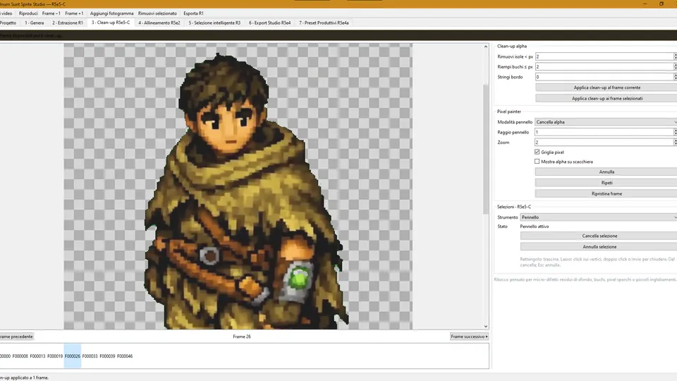 Sprite Studio Clean-up workspace with alpha cleanup, pixel painter and selection tools.