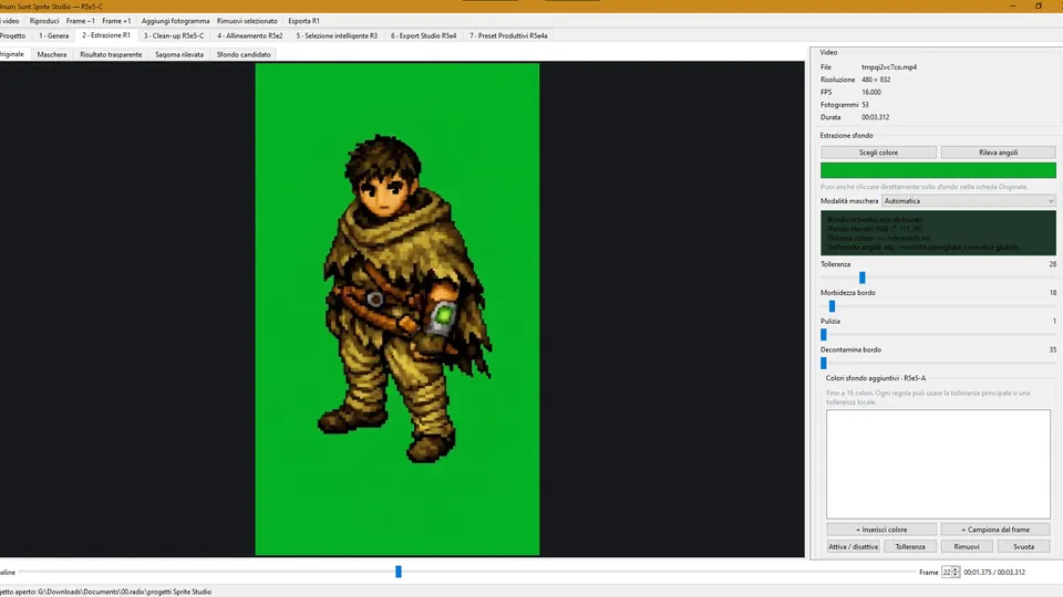 Sprite Studio extraction workspace showing a pixel-art character on a green background and chroma controls.