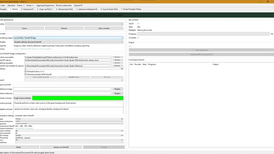 Unum Sunt Sprite Studio Generate workspace configured for the Local WAN and WanGP bridge.