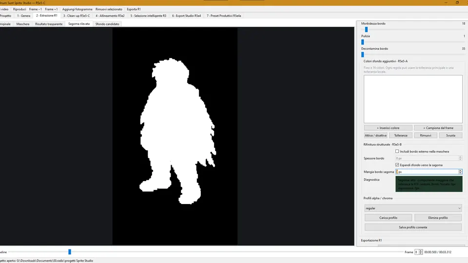 Sprite Studio mask preview showing the detected character silhouette in white against black.