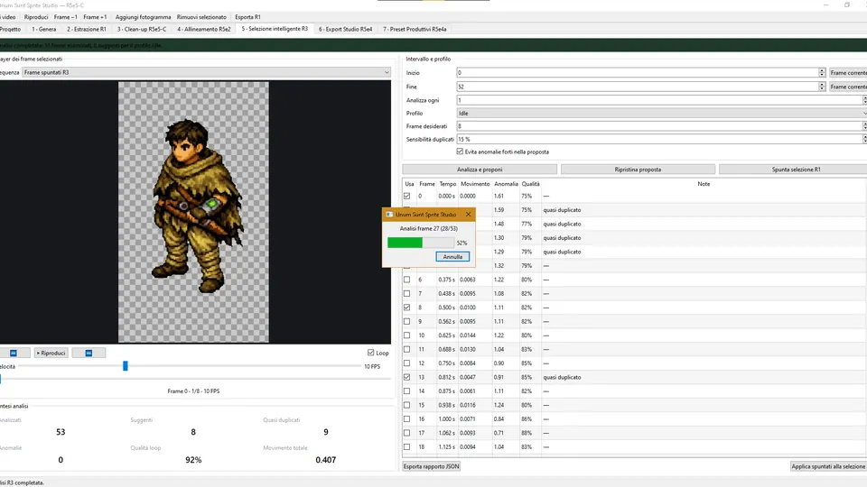 Sprite Studio smart frame selection workspace analysing movement, duplicates, anomalies and loop quality.