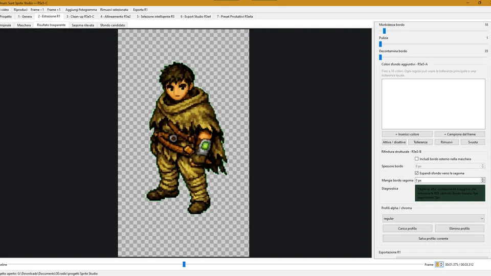 Sprite Studio transparent result preview with the extracted character over a checkerboard.