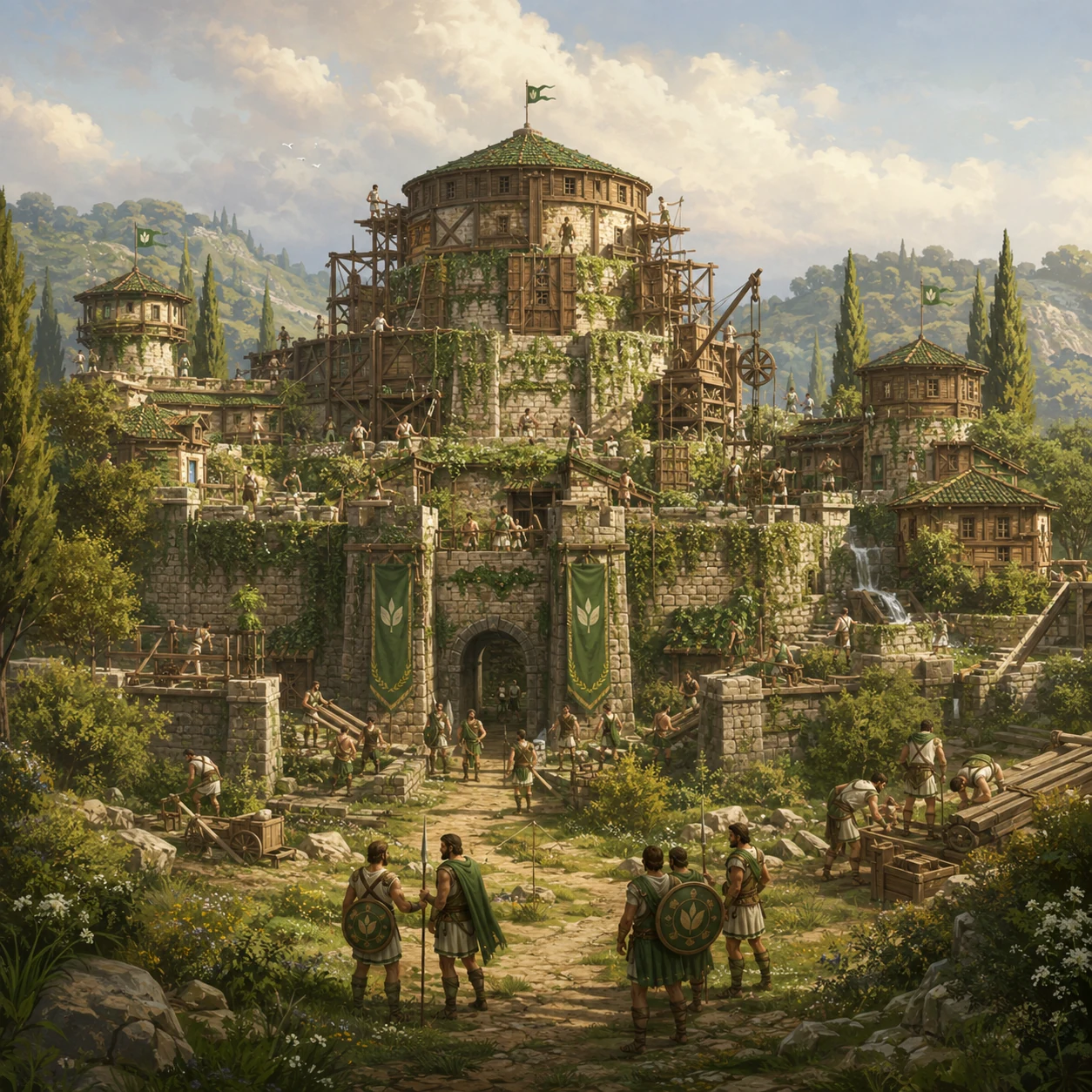 A bright fortified Agathoi settlement surrounded by greenery, workers and defenders under green banners.