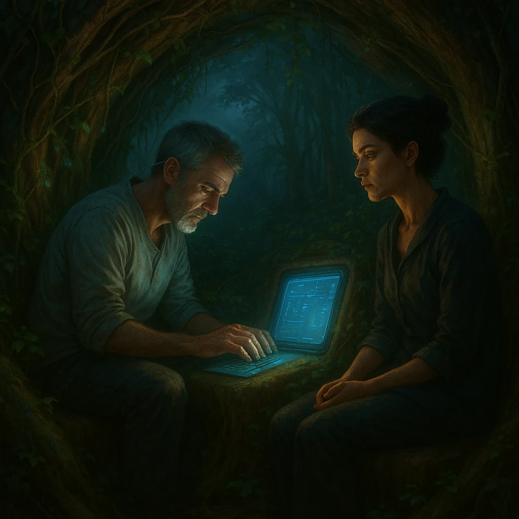 Xunes and Nemira seated inside a living green alcove, speaking in low light beside a small glowing interface.