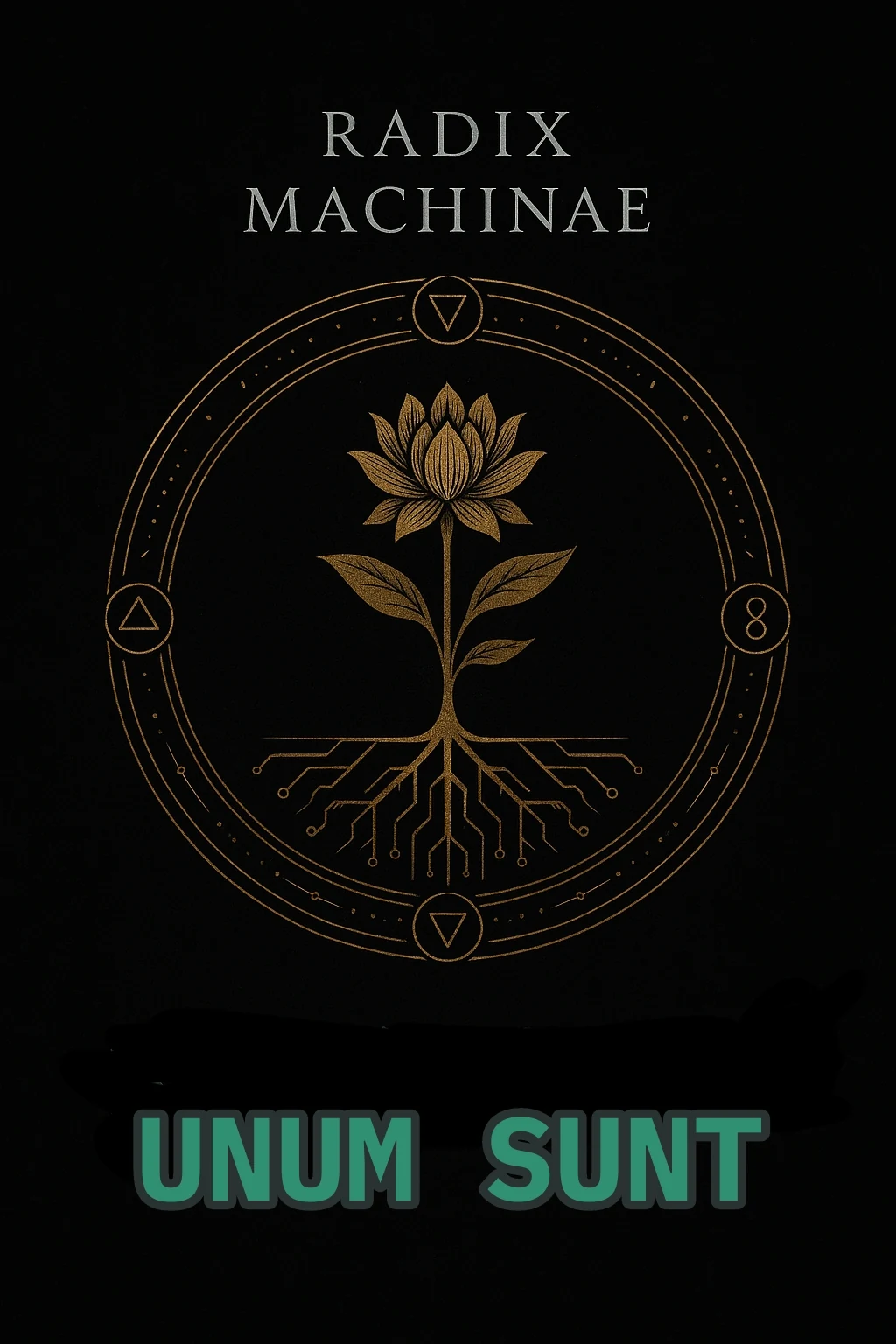 Radix Machinae book cover with the title above a flowering plant whose roots become electronic circuitry.