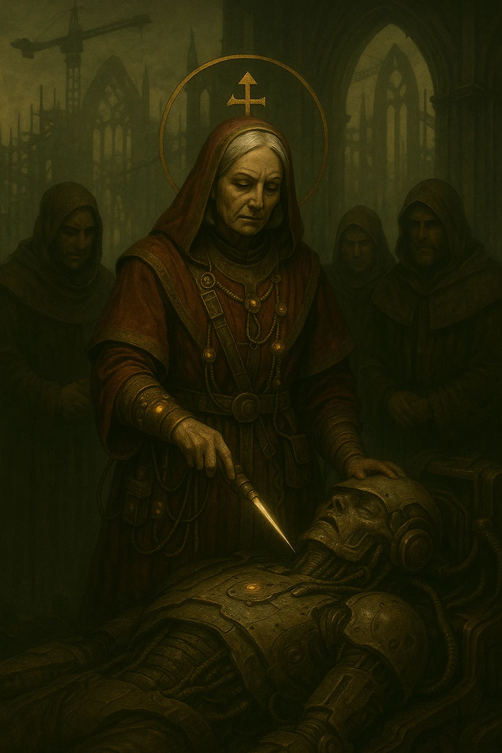 A solemn ritual scene in which an elderly figure performs a precise gesture over a fallen mechanical body in a ruined sacred space.
