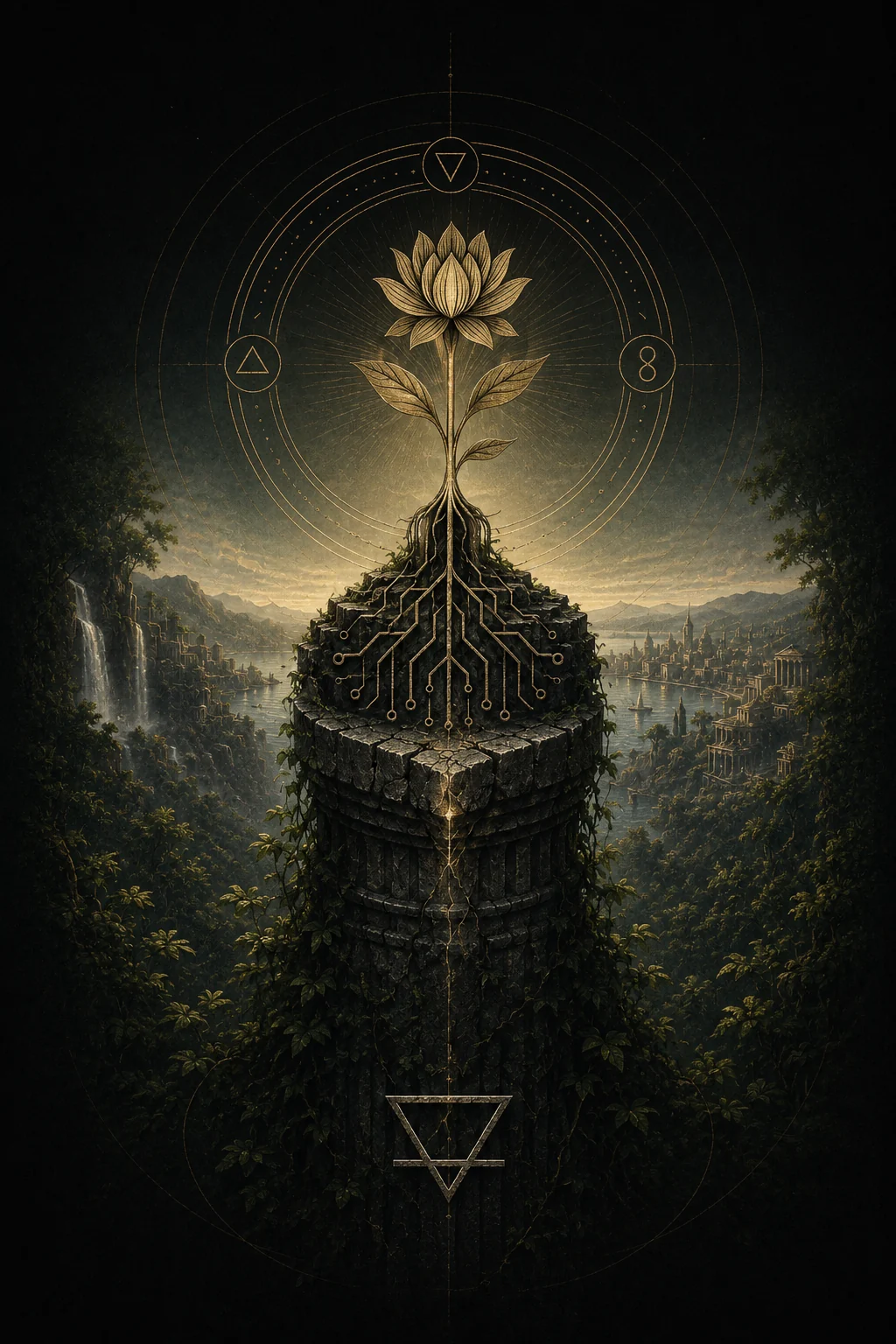 A luminous flower rooted into circuit-like lines above an ancient tower overlooking a distant city.