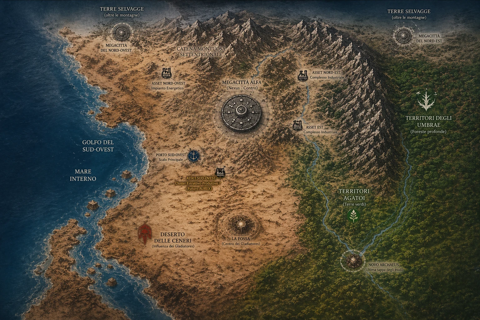 A stylized map of the Unum Sunt world showing Megacittà Alfa, Agathoi territories, the Umbrae lands and surrounding regions.