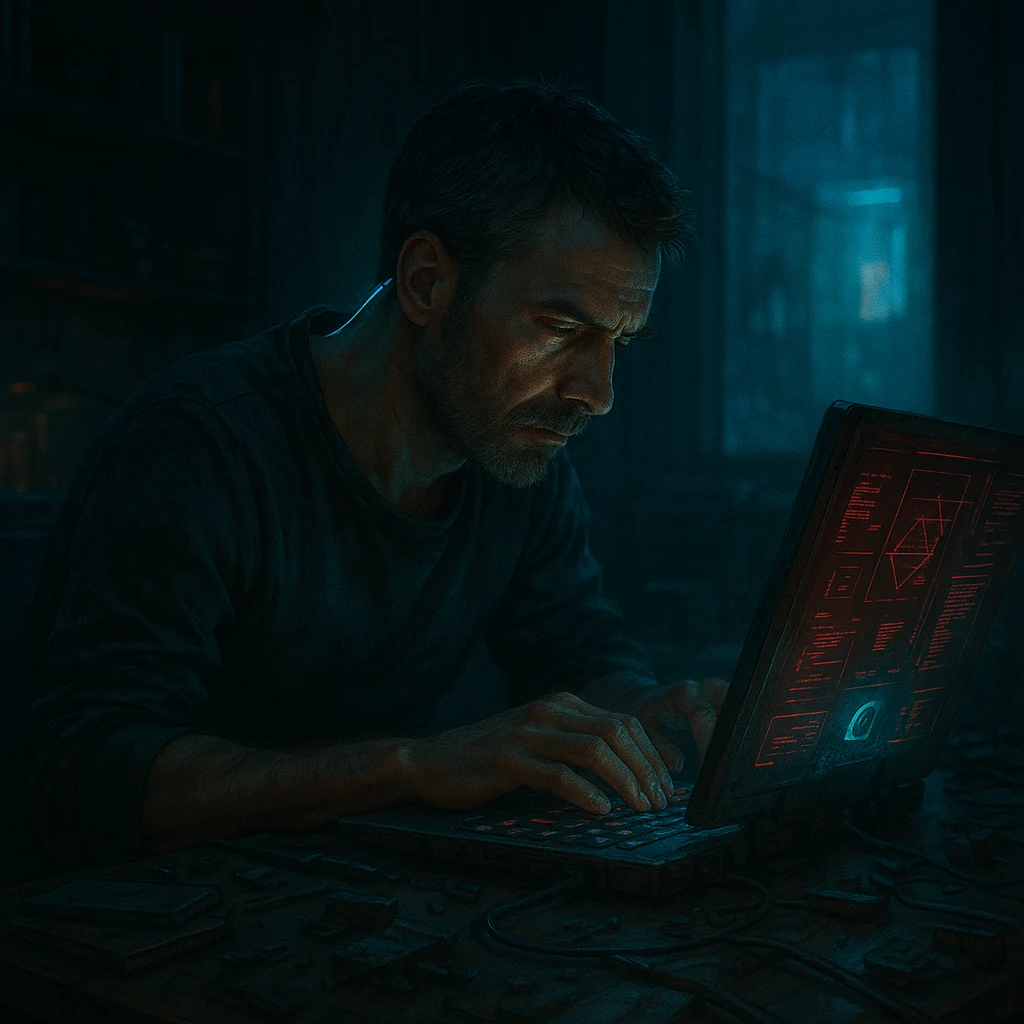 Leonard Hector Xunes working alone at a dim terminal, lit by cold blue ambient light and red system interfaces.